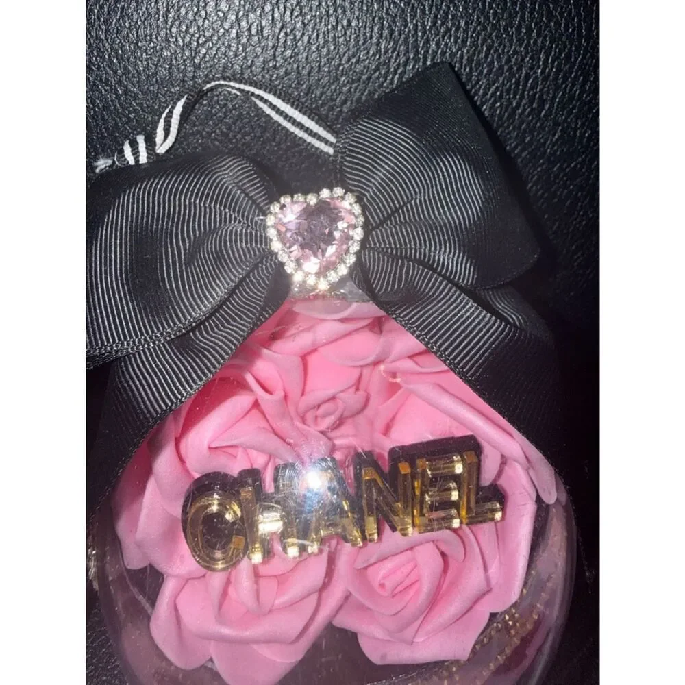 Luxury Pink Rose Ornament 4in Black Bow Gold Rhinestone Glam Chic Gift Decor